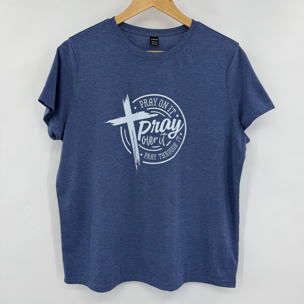 SHEIN Graphic Tee Women XL Blue Pray On It Cross Religious Fitted Short Sleeve